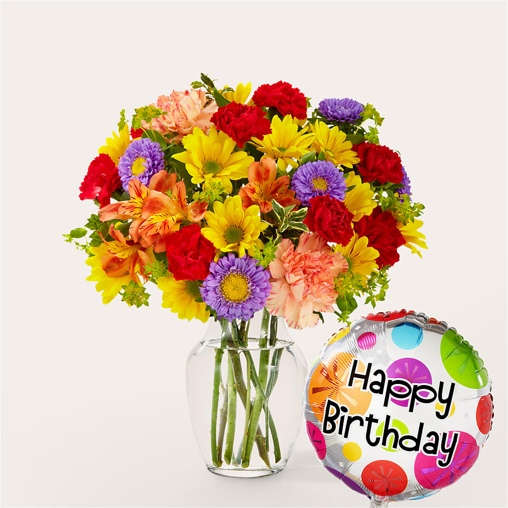 Kaleidoscope Bouquet with Birthday Balloon – DESIGNER'S TOUCH FLORIST & GIFT SHOP LLC, West Union SC