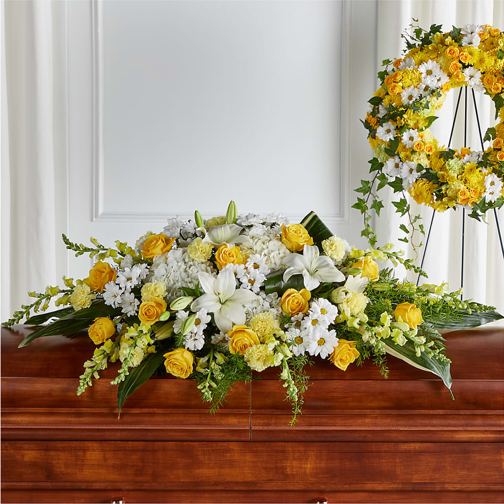 Golden Harmony Casket Spray – DESIGNER'S TOUCH FLORIST & GIFT SHOP LLC, West Union SC