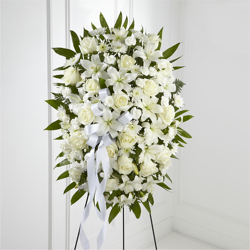 Exquisite Tribute Standing Spray-White Ribbon – DESIGNER'S TOUCH FLORIST & GIFT SHOP LLC, West Union SC